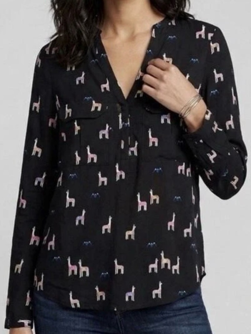 Anthropologie Maeve Black Blouse with Colorful Llama Print size 4